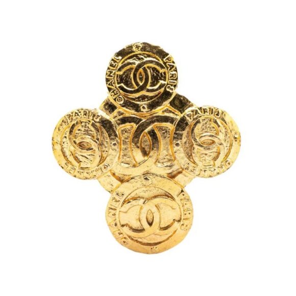 CHANEL CC Logos Round Cross Brooch Gold Tone 28 1234 Pin Auth w/Box #4054 - Picture 2 of 5